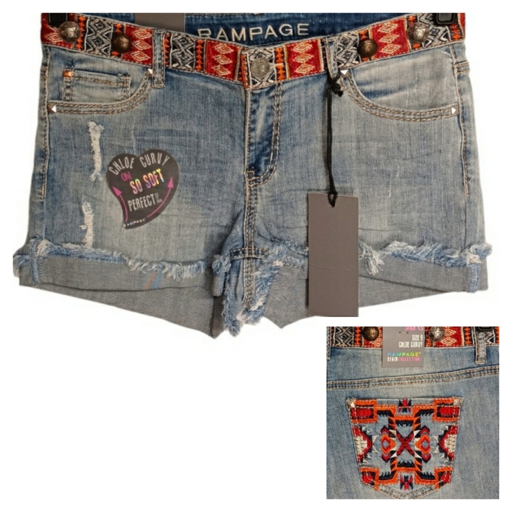 RAMPAGE Blue Denim Orange Tribal Embroidered Chloe Curvy Shorts 9 (Juniors) NWT